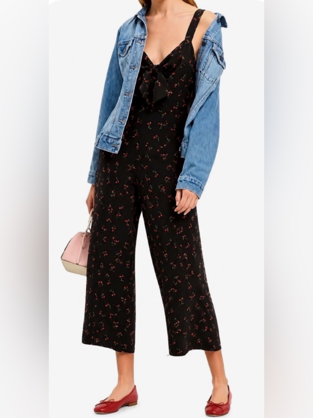 Intermix 100%Silk Cherry Print Jumpsuit Black Red Cropped Wide Leg Sz 2 Novelty